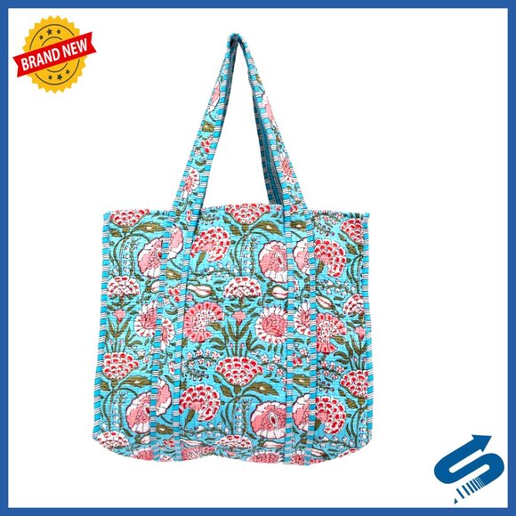 Large Quilted Cotton Tote Bag with Inside Pocket for Travel Shopping